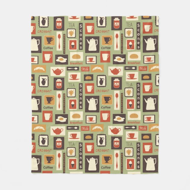 Retro pattern with kitchen dishes for breakfast fleece blanket (Front)