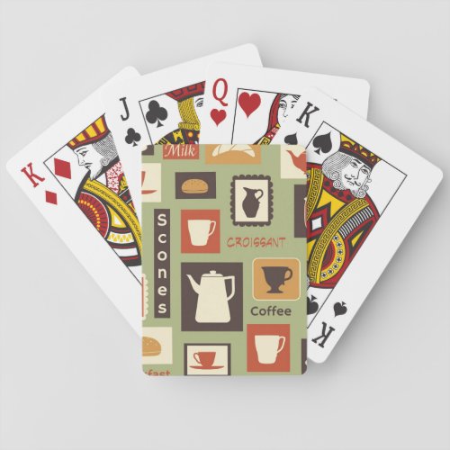 Retro pattern with kitchen dishes for breakfast playing cards