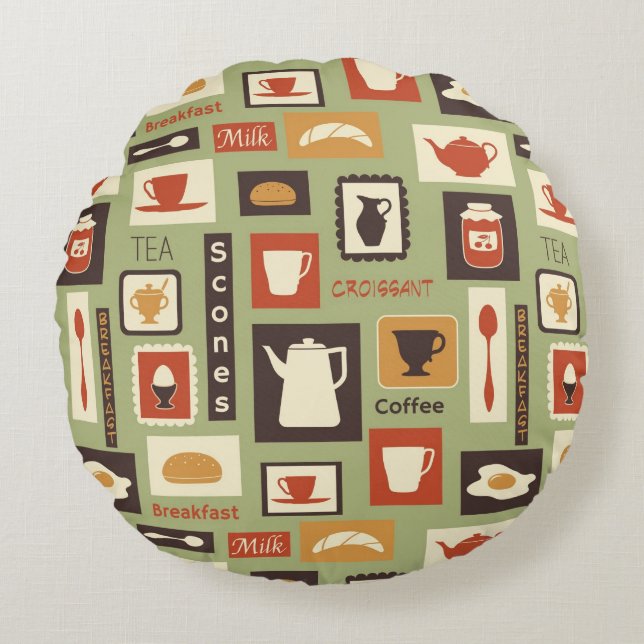 Retro pattern with kitchen dishes for breakfast round pillow (Front)