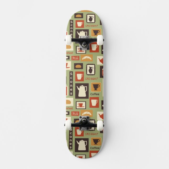 Retro pattern with kitchen dishes for breakfast skateboard deck (Front)