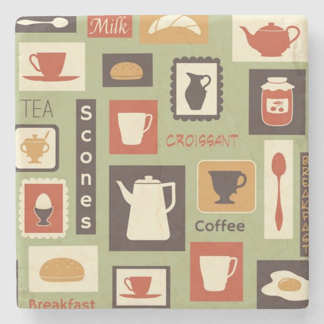 Retro pattern with kitchen dishes for breakfast stone coaster (Front)