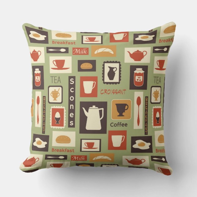 Retro pattern with kitchen dishes for breakfast throw pillow (Front)
