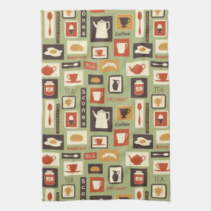 Retro pattern with kitchen dishes for breakfast towel