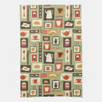 Retro pattern with kitchen dishes for breakfast towel