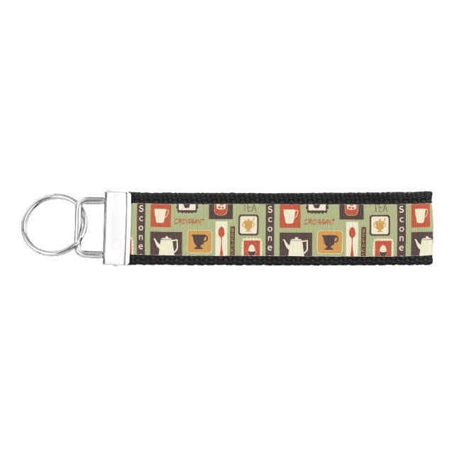 Retro pattern with kitchen dishes for breakfast wrist keychain (Keys on Left)