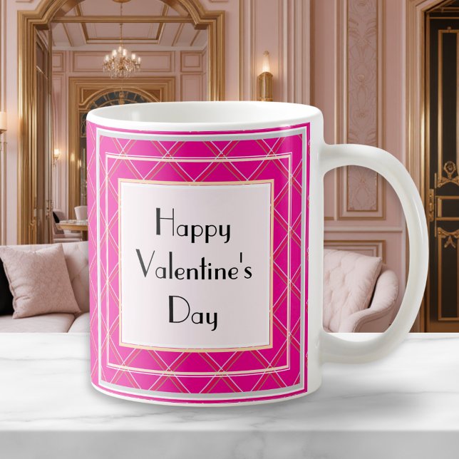 Retro Patterned Vibrant Bright Pink Geometric Coffee Mug (An elegant pink and white mug for Valentine's Day, inspired by art deco style)