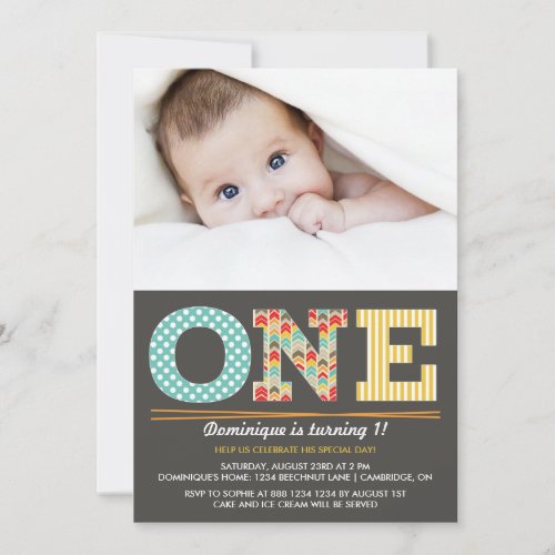 Retro Patterns First Birthday Photo Invitation