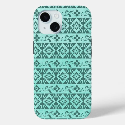 Retro patterns  flowers on mint green background iPhone 15 case