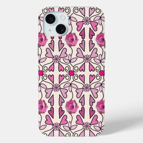 Retro patterns roses flowers  hearts iPhone 15 plus case