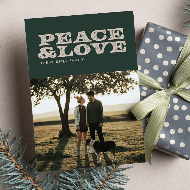 Retro peace and love Christmas holiday photo card (Creator Uploaded)