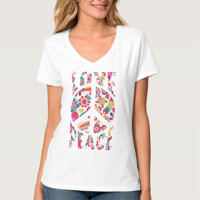 Retro Peace and Love Floral  T-Shirt (Front)