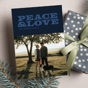Retro peace and love navy blue one photo Christmas Holiday Card