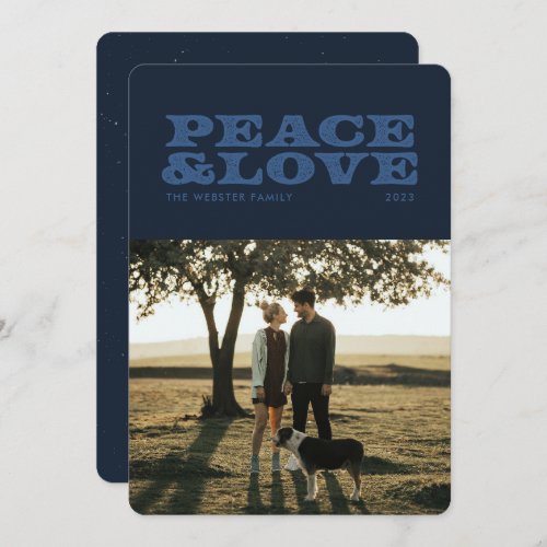 Retro peace and love navy blue one photo Christmas Holiday Card