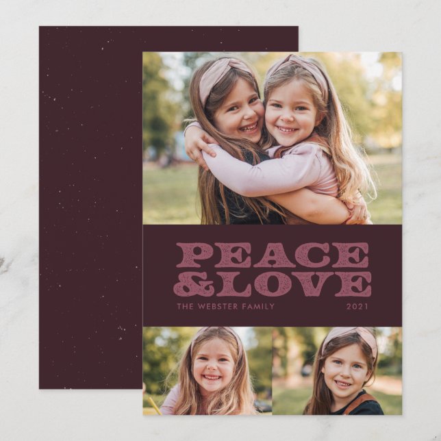 Retro peace and love plum three photo holiday card (Front/Back)
