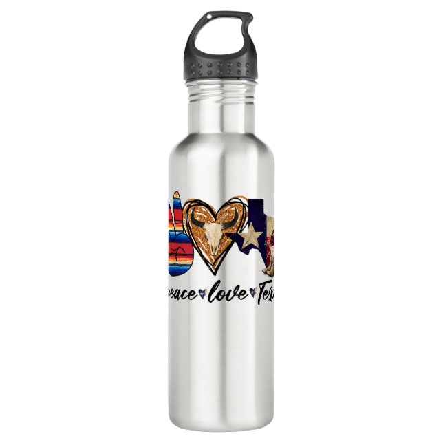 Retro Peace Love Texas Cowboy Boots Western Countr Stainless Steel Water Bottle (Front)
