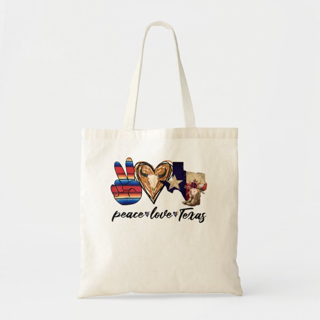 Retro Peace Love Texas Cowboy Boots Western Countr Tote Bag (Front)