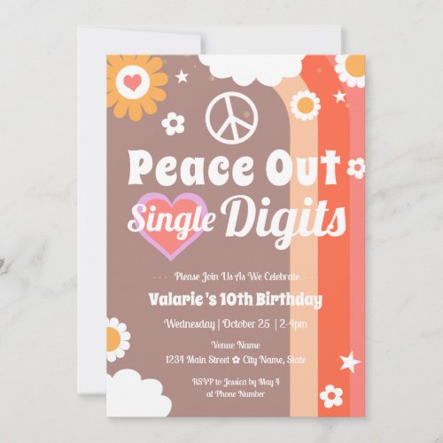 Retro Peace Out 10th Birthday  Invitation