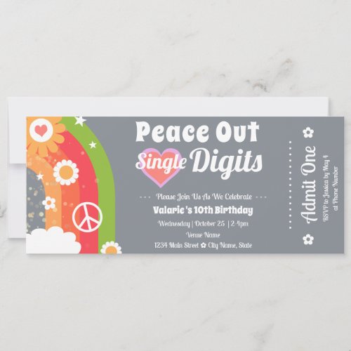 Retro Peace Out 10th Birthday Ticket Invitation