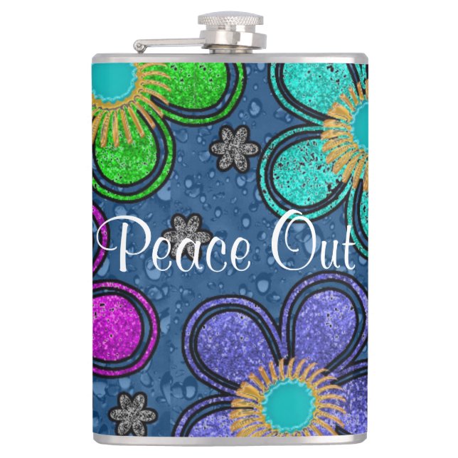 Retro Peace Out Hippie Style Flower Power Pattern Flask (Front)