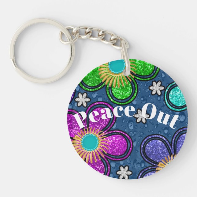 Retro Peace Out Hippie Style Flower Power Pattern Keychain (Front)