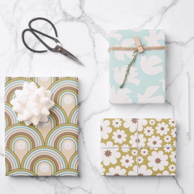 Retro Peace Rainbow Dove Neutral Fun Floral Wrapping Paper Sheets (Front)