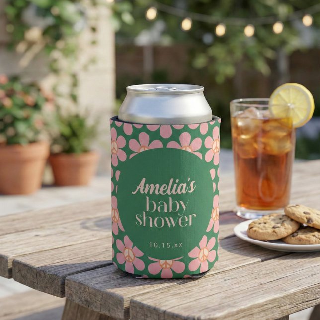 Retro Peace Sign Flower Green Pink Baby Shower  Can Cooler (Creator Uploaded)