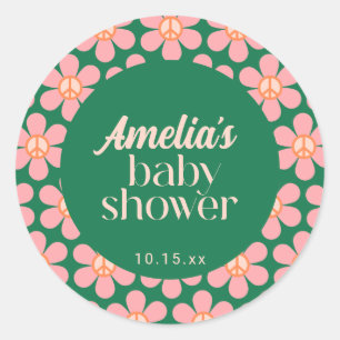 Retro Peace Sign Flower Green Pink Baby Shower  Classic Round Sticker