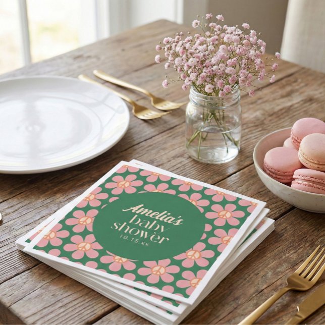 Retro Peace Sign Flower Green Pink Baby Shower  Napkins (Creator Uploaded)
