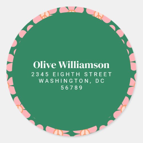 Retro Peace Sign Flower Green Pink Return Address Classic Round Sticker