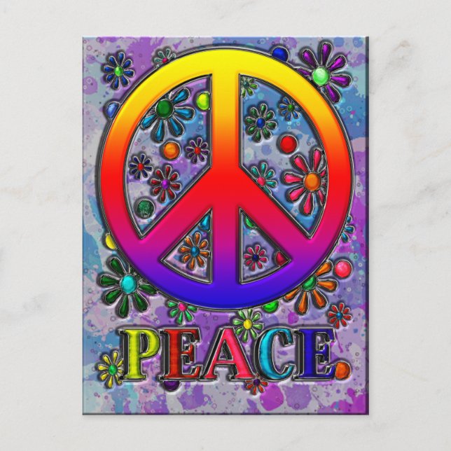 Retro Peace Sign Text & Flowers Postcard (Front)