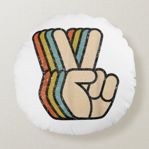 Retro Peace Sign V Fingers Vintage 60s 70s 80s Coo Round Pillow