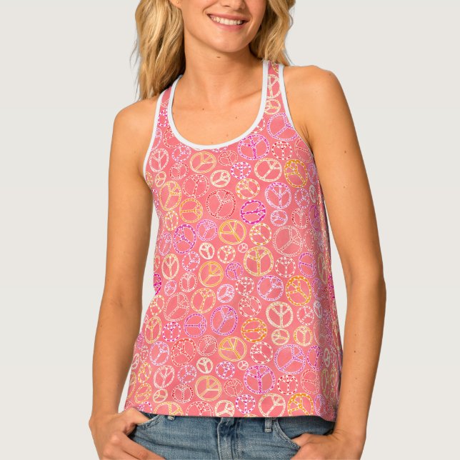Retro Peace Signs Pattern on Pink Tank Top (Front)