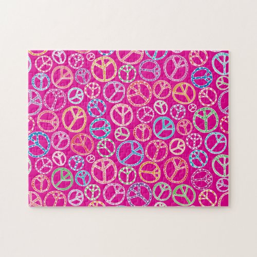 Retro Peace Signs Pink Jigsaw Puzzle