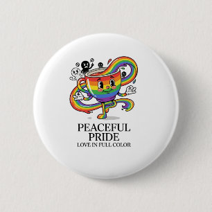 Retro Peaceful Pride Rainbow Coffee Cup T-Shirt Button