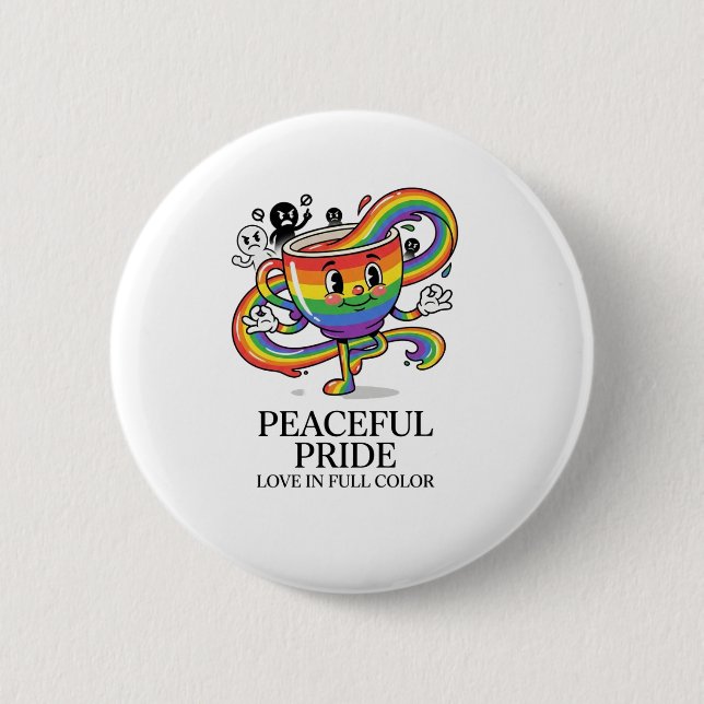 Retro Peaceful Pride Rainbow Coffee Cup T-Shirt Button (Front)