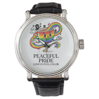 Retro Peaceful Pride Rainbow Coffee Cup T-Shirt Watch