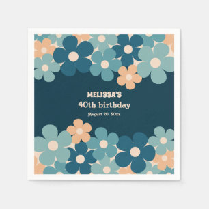 Retro Peach Dark Green Boho Flower 40th Birthday  Napkins