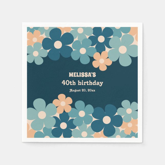 Retro Peach Dark Green Boho Flower 40th Birthday  Napkins (Front)