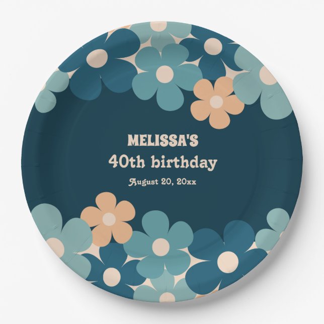 Retro Peach Dark Green Boho Flower 40th Birthday  Paper Plates (Front)