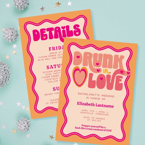 Retro Peach Drunk in Love Bachelorette Weekend Invitation