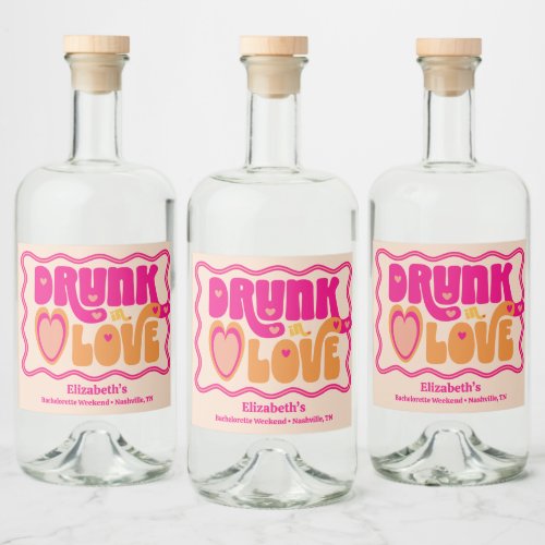Retro Peach Drunk in Love Bachelorette Weekend Liquor Bottle Label