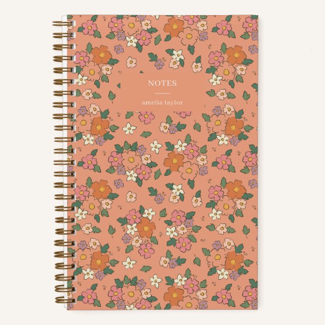 Retro Peach Floral Notes Personalized Name Notebook (Front)