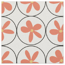 Retro Peach Floral Tile - Combed Cotton Fabric
