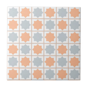 Retro Peach Fuzz and Blue Islamic Geometric Patter Ceramic Tile