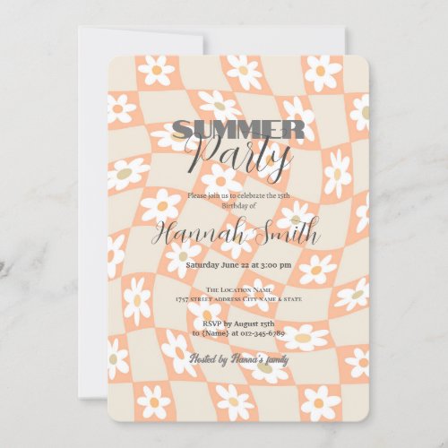  Retro Peach Fuzz Checkered Daisy Invitation