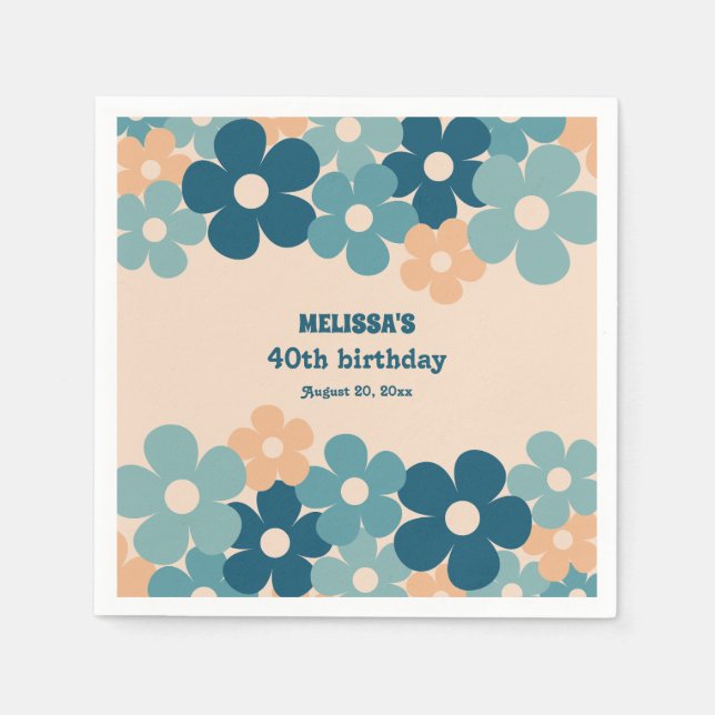 Retro Peach Green Boho Flower 40th Birthday  Napkins (Front)