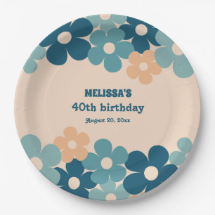 Retro Peach Green Boho Flower 40th Birthday Paper Plates