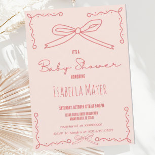 Retro Peach Hand Drawn Bow Baby Shower Invitation
