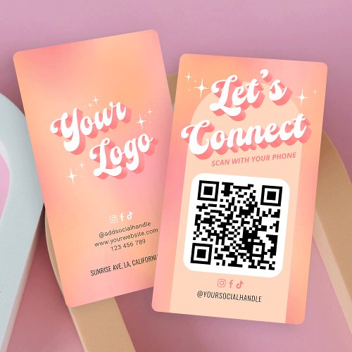 Retro Peach Lets Connect Social Media QR Code Business Card