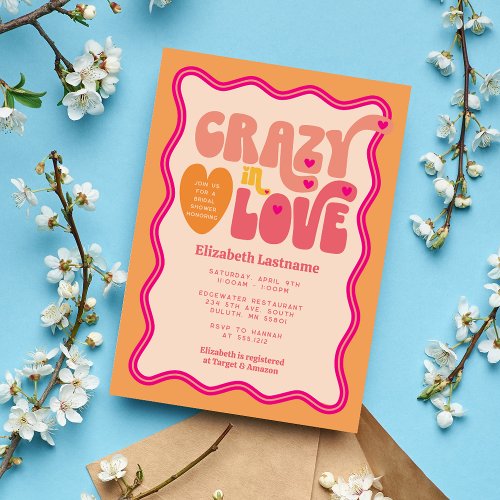 Retro Peach Orange Crazy in Love Bridal Shower Invitation